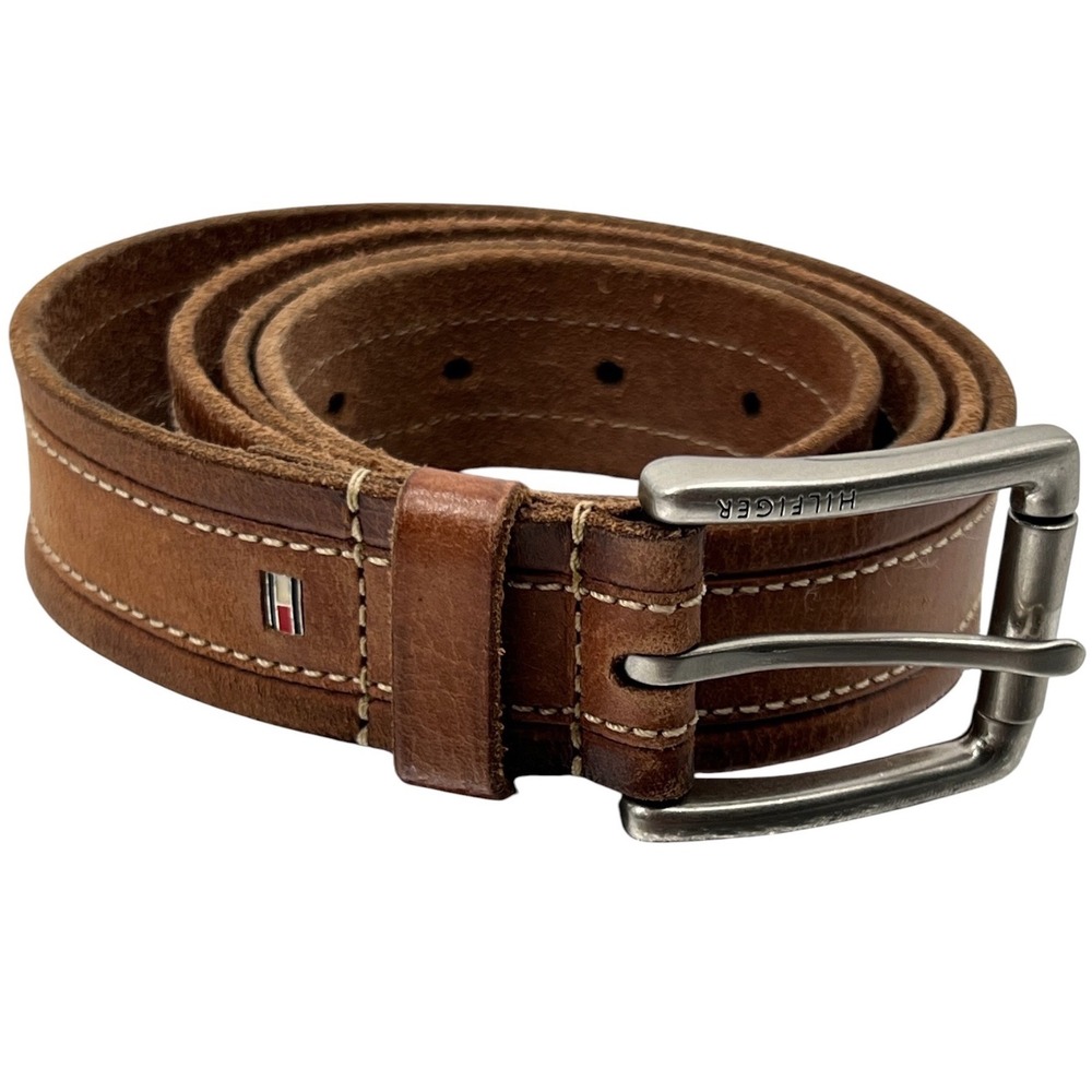 Tommy Hilfiger Leather Belt XL Brown Contrast Stitch Rugged Americana Preppy